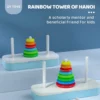 Dos versiones del rompecabezas Rainbow Tower of Hanoi o Torres de Hanoi de QiYI Toys, con discos de colores apilados en una de las tres varillas de cada base, diseñados como una herramienta educativa y entretenida para niños.