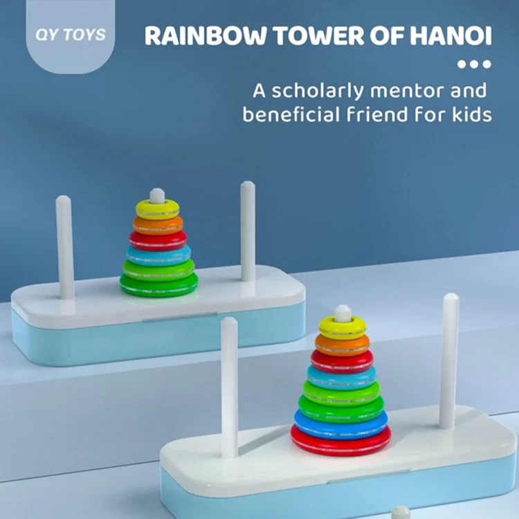 Dos versiones del rompecabezas Rainbow Tower of Hanoi o Torres de Hanoi de QiYI Toys, con discos de colores apilados en una de las tres varillas de cada base, diseñados como una herramienta educativa y entretenida para niños.